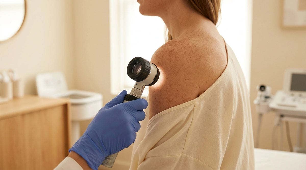 Dermatologist examining skin with a dermatoscope