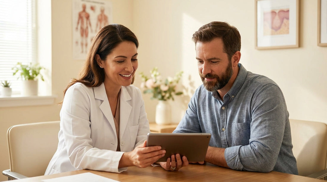 Dermatologist consulting with a patient about skin cancer types